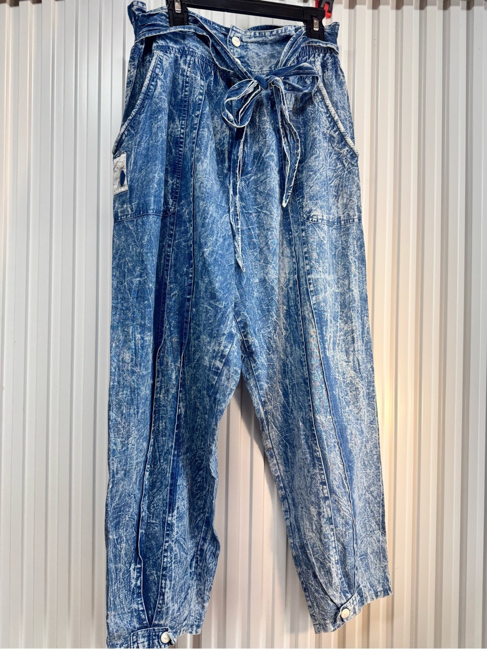 Vintage 80’s acid wash paper bag jeans tapered tie waist
